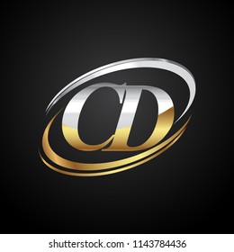 initial letter CD logotype company name colored gold and silver swoosh design. isolated on black background.