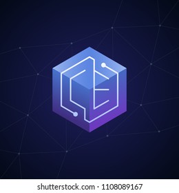 Initial letter CE, block chain, looping mono line circuit letter on hexagon cube logo, blue magenta gradient color on black blue network background