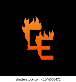 Initial letter CE with fire flames logo design. Creative lettering design concept suitable for company, corporate business and GAME brand identity. Collection of fonts with burn idea isolated black.