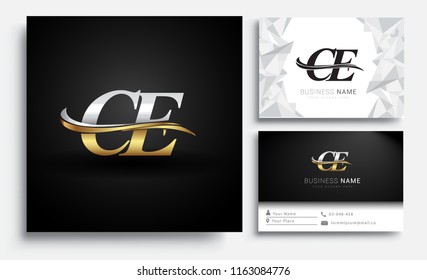 initial letter CE logotype company name colored gold and silver swoosh design. Vector sets for business identity on white background.