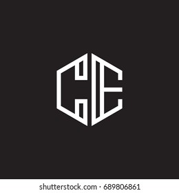 Initial letter CE, minimalist line art monogram hexagon shape logo, white color on black background