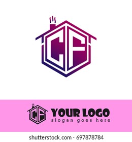 Initial Letter CF House Logo, Hexagonal Shape with Orange Color