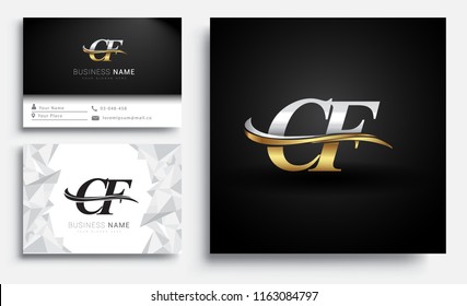 initial letter CF logotype company name colored gold and silver swoosh design. Vector sets for business identity on white background.