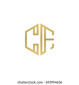 Initial letter CF, minimalist line art hexagon shape logo, gold color