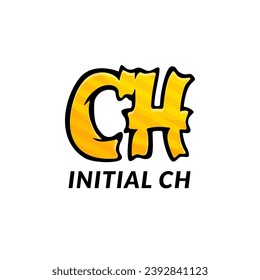 initial letter ch logo or symbol design template with cartoon style. black border with yellow shape and diagonal orange pattern. isolated on white background.