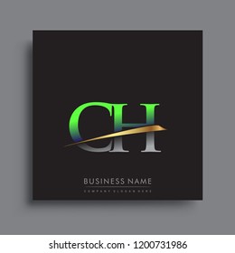 initial letter CH logotype company name colored green and gold swoosh design. vector logo for business and company
