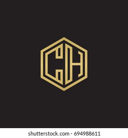 Initial letter CH, minimalist line art hexagon logo, gold color on black background
