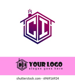 Initial Letter CI Linked Logo, House Illustration with Purple Color