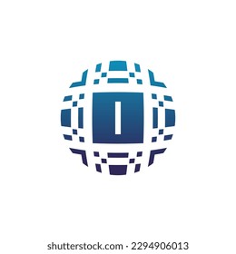 Initial letter I circle digital tech electronic pixel emblem logo
