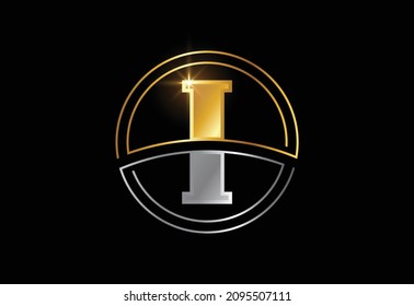 Initial letter I with circle frame. Golden and silver color alphabet symbol for corporate business identity