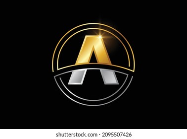 Initial letter A with circle frame. Golden and silver color alphabet symbol for corporate business identity