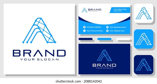 Initial Letter A Circuit Connection Technology Digital Logo Design with Business Card Template