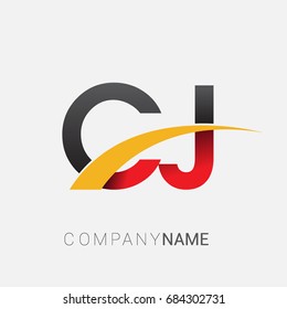 initial letter CJ logotype company name colored red, black and yellow swoosh design. isolated on white background

