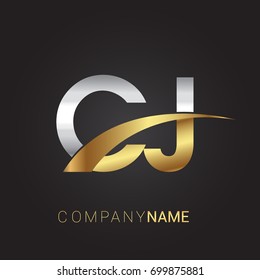 initial letter CJ logotype company name colored gold and silver swoosh design. isolated on black background.