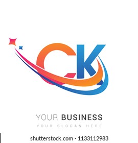 initial letter CK logotype company name colored orange, red and blue swoosh star design. vector logo for business and company identity.