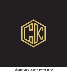Initial letter CK, minimalist line art hexagon logo, gold color on black background