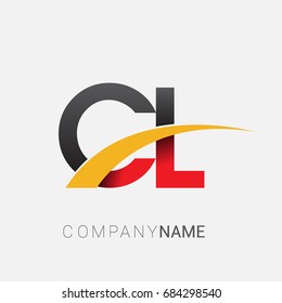 initial letter CL logotype company name colored red, black and yellow swoosh design. isolated on white background.
