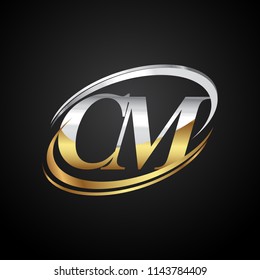 initial letter CM logotype company name colored gold and silver swoosh design. isolated on black background.