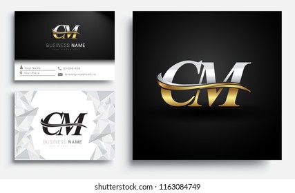 initial letter CM logotype company name colored gold and silver swoosh design. Vector sets for business identity on white background.