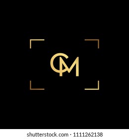 Initial letter CM MC minimalist art monogram shape logo, gold color on black background