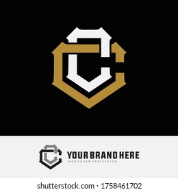 Initial letter Cor CC overlapping, interlock, monogram logo, white and gold color on black background