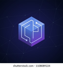 Initial letter CP, block chain, looping mono line circuit letter on hexagon cube logo, blue magenta gradient color on black blue network background