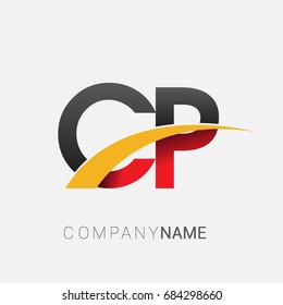 initial letter CP logotype company name colored red, black and yellow swoosh design. isolated on white background
