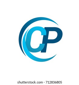 initial letter CP logotype company name blue circle and swoosh design. vector logo for business and company identity