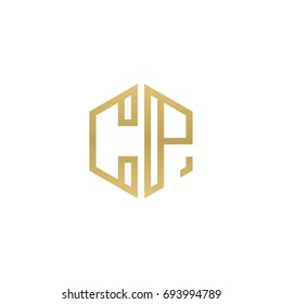 Initial letter CP, minimalist line art hexagon shape logo, gold color