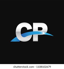 Initial letter CP, overlapping movement swoosh logo, metal silver blue color on black background