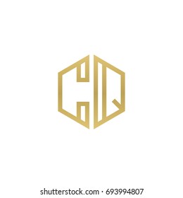 Initial letter CQ, minimalist line art hexagon shape logo, gold color