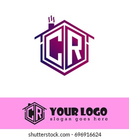 Initial Letter CR Linked Logo, House Illustration with Purple Color