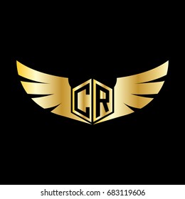 Initial Letter CR Logo, Hexagonal Shape with Wings Icon
