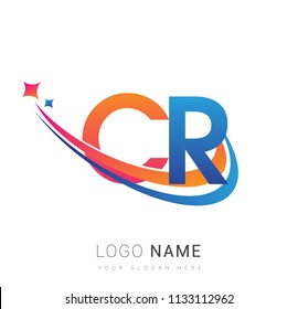 initial letter CR logotype company name colored orange, red and blue swoosh star design. vector logo for business and company identity.