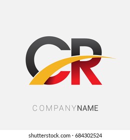 initial letter CR logotype company name colored red, black and yellow swoosh design. isolated on white background.
