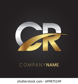 initial letter CR logotype company name colored gold and silver swoosh design. isolated on black background.