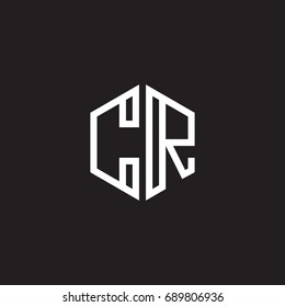 Initial letter CR, minimalist line art monogram hexagon shape logo, white color on black background