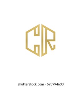 Initial letter CR, minimalist line art hexagon shape logo, gold color