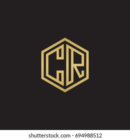 Initial letter CR, minimalist line art hexagon logo, gold color on black background