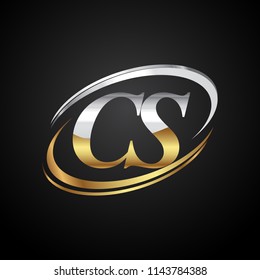 initial letter CS logotype company name colored gold and silver swoosh design. isolated on black background.