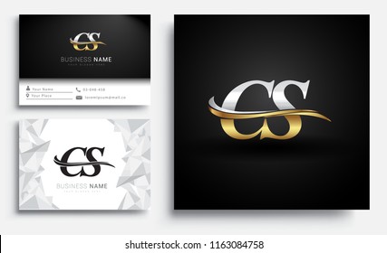 initial letter CS logotype company name colored gold and silver swoosh design. Vector sets for business identity on white background.