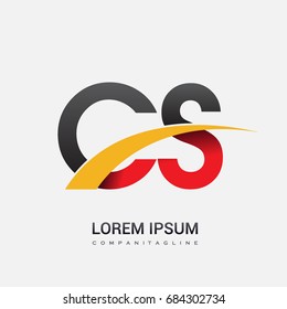 initial letter CS logotype company name colored red, black and yellow swoosh design. isolated on white background.
