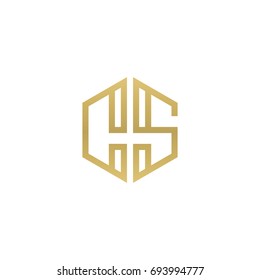 Initial letter CS, minimalist line art hexagon shape logo, gold color