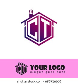 Initial Letter CT Linked Logo, House Illustration with Purple Color