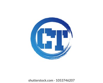 Initial letter CT logo with blue zen brush
