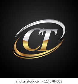 initial letter CT logotype company name colored gold and silver swoosh design. isolated on black background.
