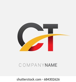 initial letter CT logotype company name colored red, black and yellow swoosh design. isolated on white background.
