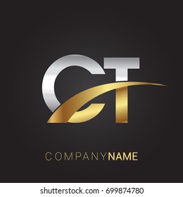 initial letter CT logotype company name colored gold and silver swoosh design. isolated on black background.