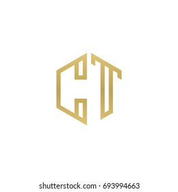 Initial letter CT, minimalist line art hexagon shape logo, gold color