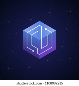 Initial letter CU, block chain, looping mono line circuit letter on hexagon cube logo, blue magenta gradient color on black blue network background